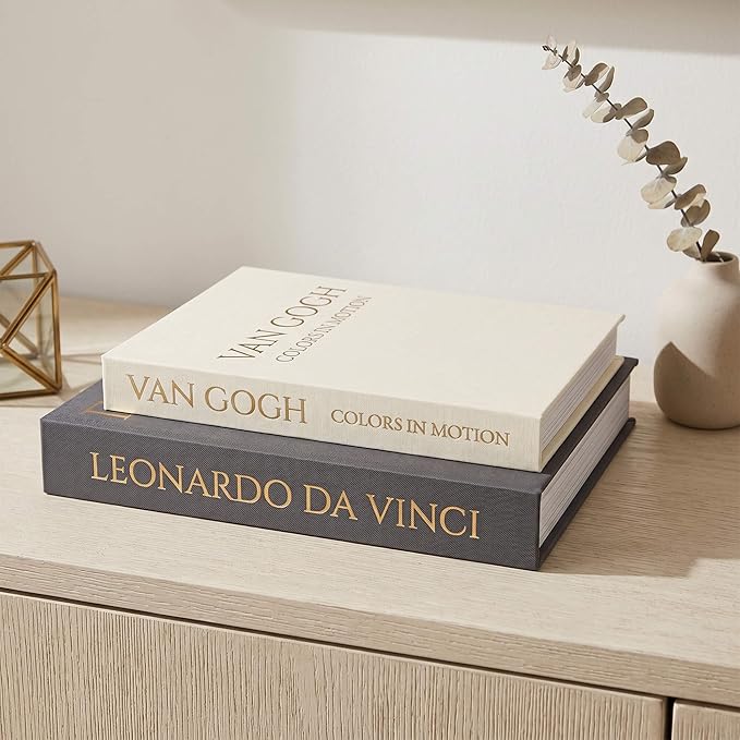 MAOBUYOU Decorative Storage Books Set of 2, Linen Cover, Gold Letters, Beige and Dark gray