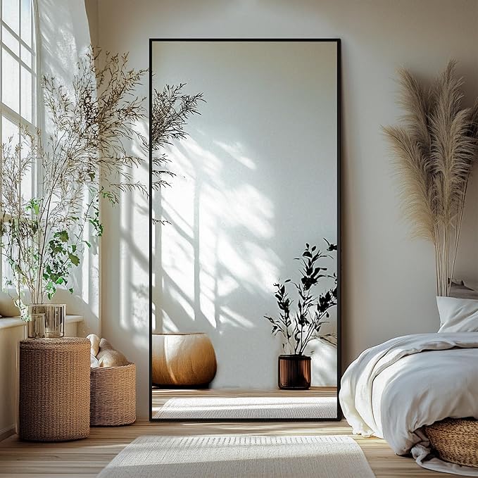 Delma Full Length Standing Mirror,Large Floor Mirror with Aluminum Frame for Bedroom, Bathroom, Living Room,Wall Mount or Freestanding Design(with Stand,Rect 75x35-Black)