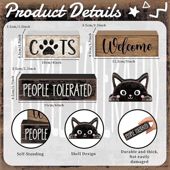 Lineshading 4 Pcs Farmhouse Table Decor Vintage Wooden Black Cat Stacked Sign - "Cats Welcome, People Tolerated" Funny Rustic Tiered Tray Decor for Animal Lovers, Home, Room, Cat Cafe Decorations