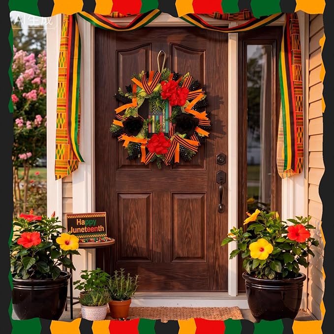 Hoteam Juneteenth Wreath for Front Door African American Door Wreaths June 19th 1865 Freedom Juneteenth Decorations for Festival Indoor Outdoor Home Porch Decoration