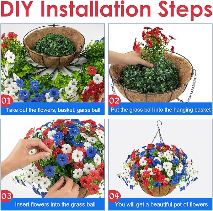 Hananona 2 Set Artificial Outdoor Flowers with Hanging Basket, 2 Hanging Planters with 24 Pcs Flowers for Summer Front Porch Garden Patio 4th of July Home Decor (2, Red, White, Blue)