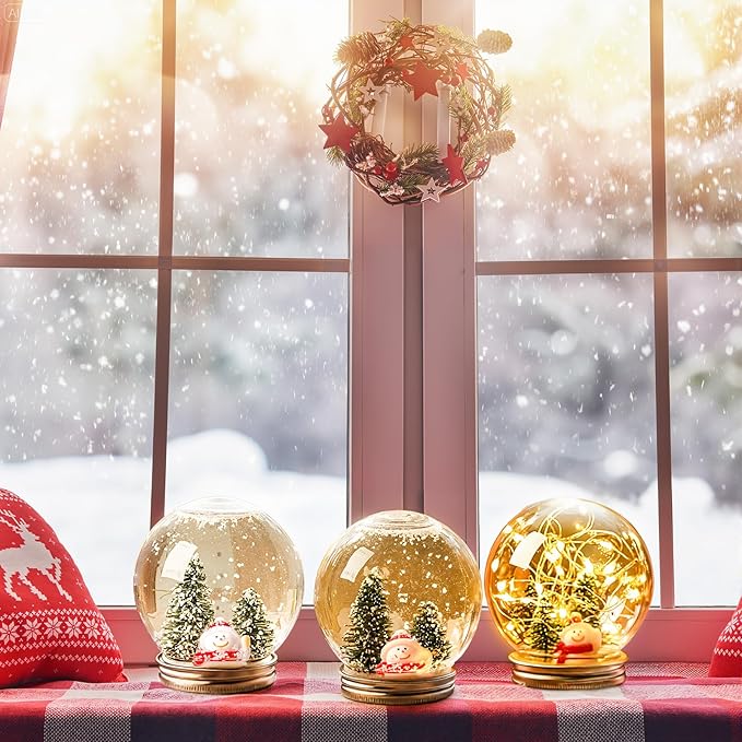 Jerify 16 Sets 3.58 Inch Christmas Plastic Clear Snow Globes Kit Water Globe with Screw Off Cap Artificial Christmas Trees Small Snowman Snowflakes for DIY Snow Globes Home Decoration Crafts (Cute)