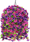 Homsunny Artificial Faux Hanging Flowers Plants Baskets for Outdoor Spring Summer Decorations,Resistant Fake Morning Glory Silk Plants for Outside UV Resistant Patio Yard Home Porch Decor(Mix Purple)