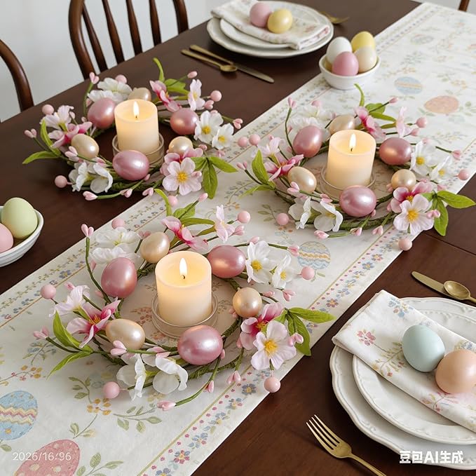 8 PCS Small Easter Wreaths for Kitchen Cabinet Mini Artificial Easter Egg Flower Wreath for Front Door Spring Summer Hanging Wreath with Pink Ribbon Berry for Home Porch Wall Window Farmhouse Decor