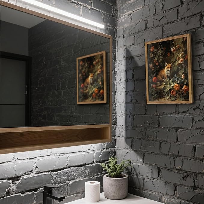 Framed Dark Academia Fox Canvas Wall Art, Sitting Fox Surrounded by Flowers, Elegant Vintage Botanical Poster, Fine Art Print for Living Room Bedroom Study – Dark Wooden Frame 12x16in