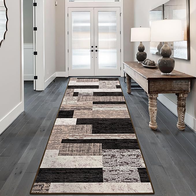 FlyDOIT Modern Geometric Patchwork Area Rug, 2.7x8 Chocolate Runner Rugs for Living Room, Rockwood Collection Indoor Rugs for Bedroom, Throw Carpet Floor Decor for Entryway Dining Room Office Nursery