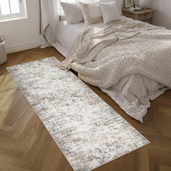 Washable Area Rug 3x8 Entryway Rug: Washable Modern Abstract Soft Thin Rug Indoor Floor No Slip Stain Resistant Carpet for Bedroom Dining Room Farmhouse Nursery Home Office - Brown Grey