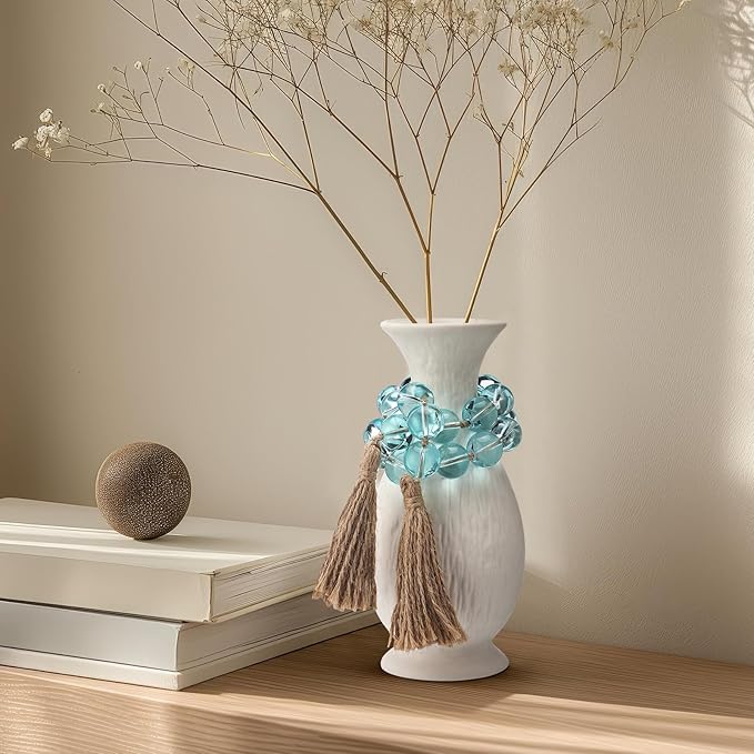 Misdary Modern Glass Beads Garland with Tassels, Blue Home Accent for Home Tray Shelf Coffee Table Living Room, Boho Decor Indoor Outdoor Stylish Tabletop Decoration, 25.6 Inch