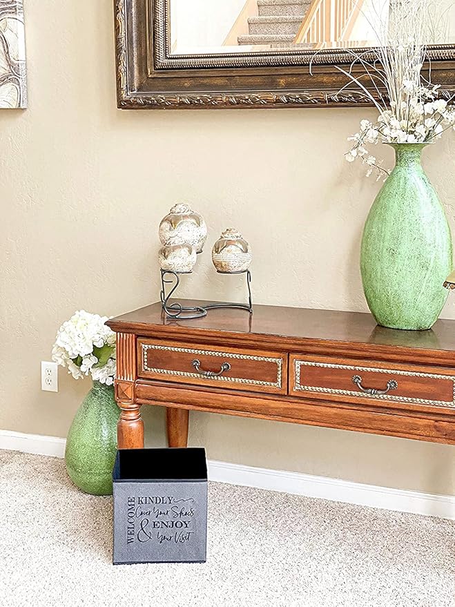 Shoe Cover Box - Welcome Guests to Please Cover Shoes. Indoor Foldable Storage Bin to Fill w/your Favorite Booties. For Homeowner, Real Estate Agent, Realtor Open House Supplies | 1 Grey & Black