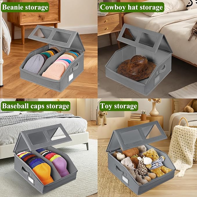 2 Pack Hat Storage for Baseball Caps-Holds Up to 48 Caps, Hat Organizer for Closet Stackable Hat Box with Cardboard, Dustproof Baseball Cap Organizer with 2 Handles for Home Travel (Grey, 2Pack)