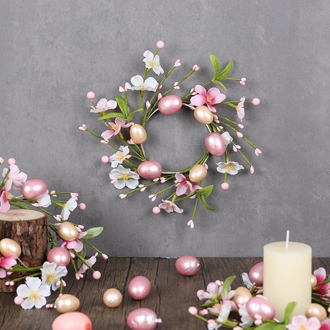 8 PCS Small Easter Wreaths for Kitchen Cabinet Mini Artificial Easter Egg Flower Wreath for Front Door Spring Summer Hanging Wreath with Pink Ribbon Berry for Home Porch Wall Window Farmhouse Decor