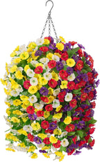Artificial Fake Hanging Flowers Basket for Spring Decor, Faux Silk Flower in Planter for Summer, Outdoor Artificial Floral for Home Porch Yard(Yellow White Purple Red)