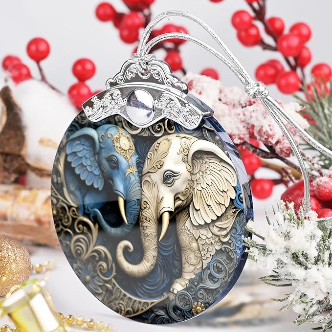 Elephant Christmas Ornament - Stained Glass Hanging Decoration for Holiday Tree, Home Decor - Gift Exchange Idea