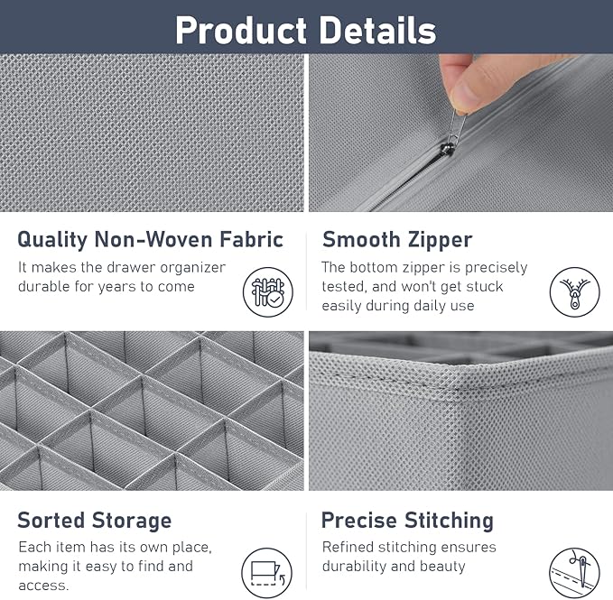 Joyoldelf Sock Drawer Underwear Organizer Divider 2 Packs, 24 Cell + 16 Cell for Storing Socks, Handkerchiefs, Ties, Belts (Grey)