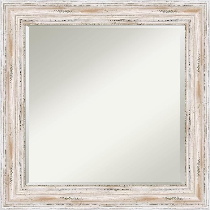 Amanti Art White Wall Mirror 25x25 Alexandria White Wash Square Bathroom Mirror for Wall Decor Living Room, Medium Cottage Wood Frame, Hangs Horizonally and Vertically, Bathroom Decor, Beveled Edge