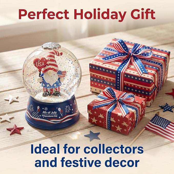 Patriotic 4th of July Gnome Snow Globe Lantern with Music - Light Up Water Globe with Swirling Glitter, USB or Battery Operated,Lighted Independence Day Decor Indoor, Patriotic Decor Gift (Gnome)