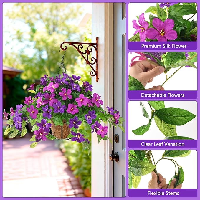Homsunny Artficial Fake Hanging Flowers Plants with Baskets, 3PCS Silk Faux Outdoor Flowers UV Resistant Real Touch Plastic Flowers for Spring Garden and Home Patio Yard Decor (Light Purple Red)