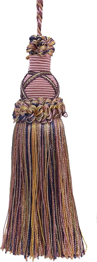 DÉCOPRO 5 1/2" (14cm) Key Tassel 4" (10cm) Loop with Criss Cross Design (Style# KTIC) Sage Rose Pink Multicolor #1010 (Light Pink Sage Green Light Beige) Sold Individually