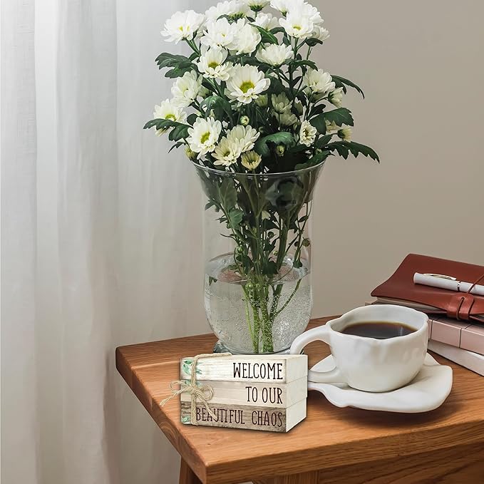 Ycyfckdr Decorative Wood Book Stack for Home, Welcome to Our Beautiful Chaos, Rustic Table and Living Room Bookshelf Farmhouse Decor (L68)