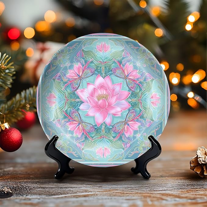 HABEN ARTWORK 10" Ceramic Plates for Display Pink Lotus Flower Butterflies Ornamental Geometric Mandala Design Blue Decorative Plate with Stand and Hook for Kitchen Dining Room Wall Hanging Decor