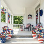 Hananona 2 Set Artificial Outdoor Flowers with Hanging Basket, 2 Hanging Planters with 24 Pcs Flowers for Summer Front Porch Garden Patio 4th of July Home Decor (2, Red, White, Blue)
