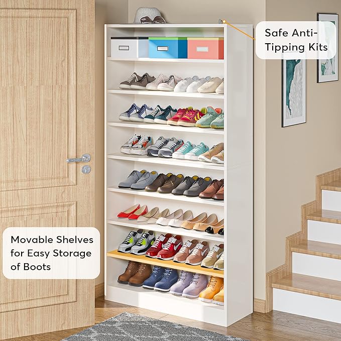 Tribesigns 2PCS Shoe Cabinet, 9 Tiers 40-45 Pairs Heavy Duty Wood Freestanding Shoe Storage Cabinet, 70.8'' Tall Shoe Cabinet with Open Storage for Entryway (White)