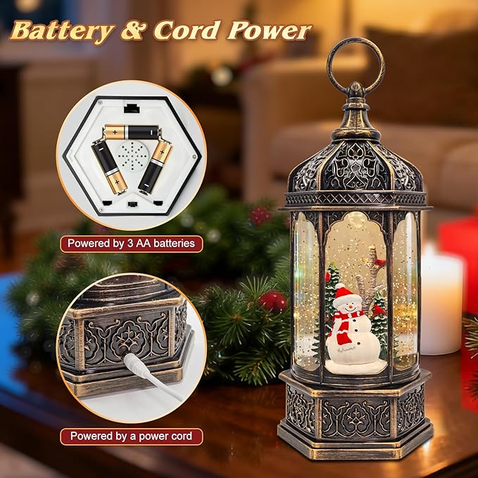 Large Snowman Snow Globe, Cardinal Christmas Tree, Lighted Snow Globes Lantern, Musical&LED Lights, 8 Classic Songs, 6-Hour Timer, Xmas Gifts and Holiday Decoration