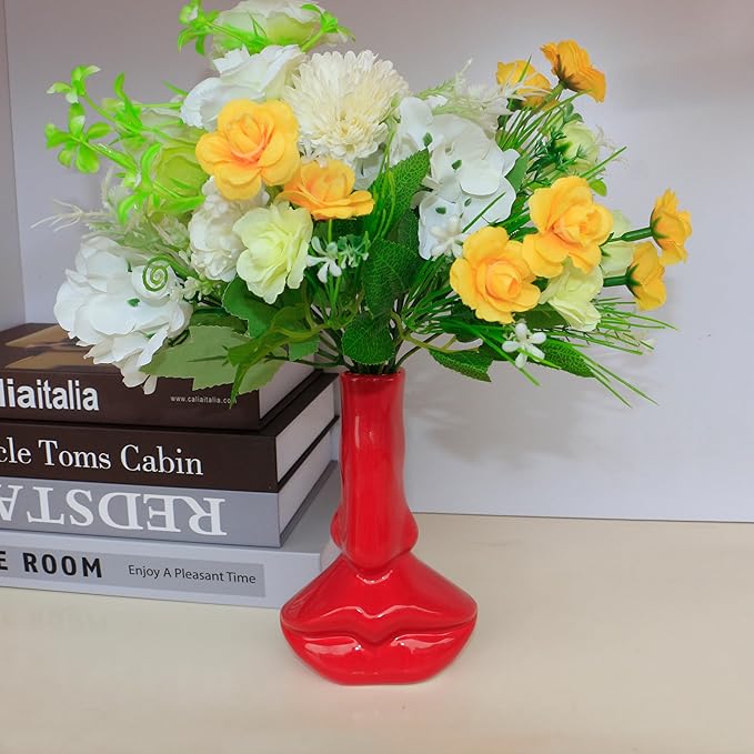 Red Lip Vase, Unique Ceramic Face Shaped Artistic Vase for Flowers, Red Room Dining Table and Desk Decoration