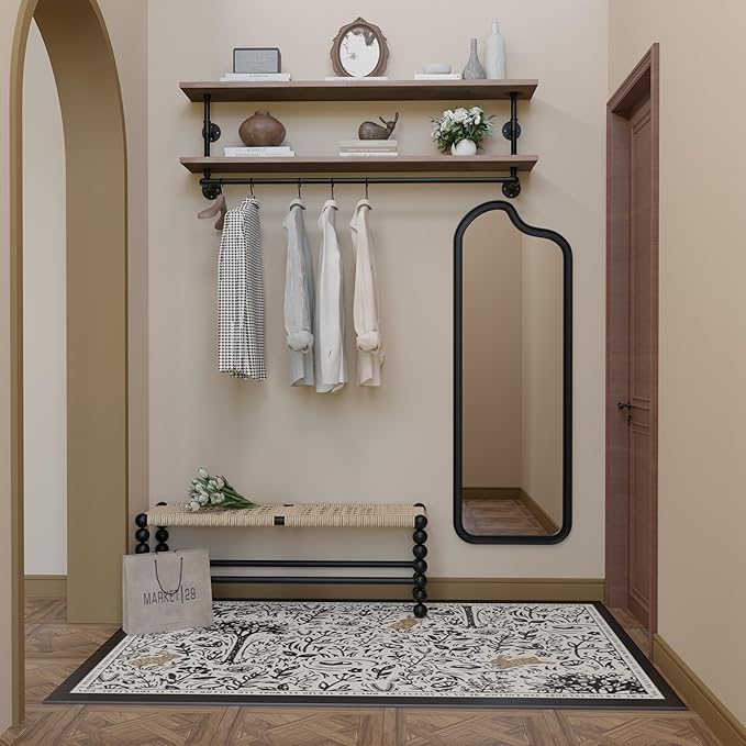 Clothes Rack 60in, 2-Tier Wall Mounted Garment Rack with Real Wood Shelf, Heavy Duty Hanging Clothes Rack, Multi-Purpose Hanging Rod, Space-Saving Closet Storage
