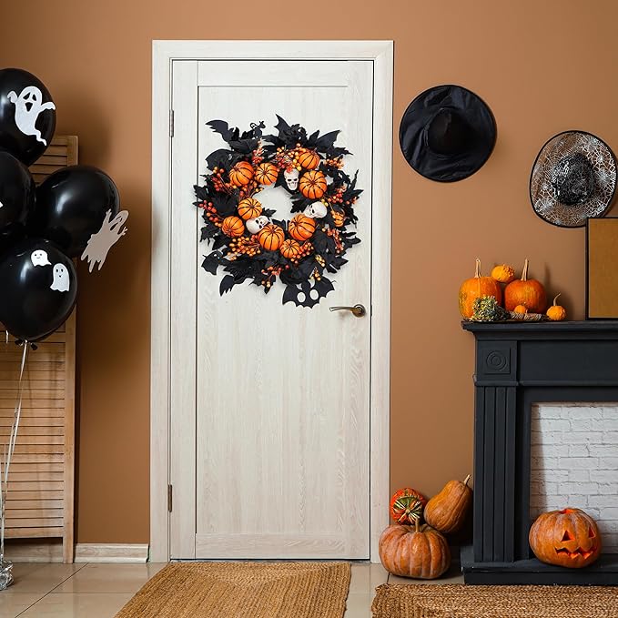 Sggvecsy Halloween Wreath with Artificial Pumpkin Handmade Black Maple Leave Skull Pumpkin Orange Berries 20''Front Door Decorations for Indoor Outdoor Home Halloween Festival Decoration