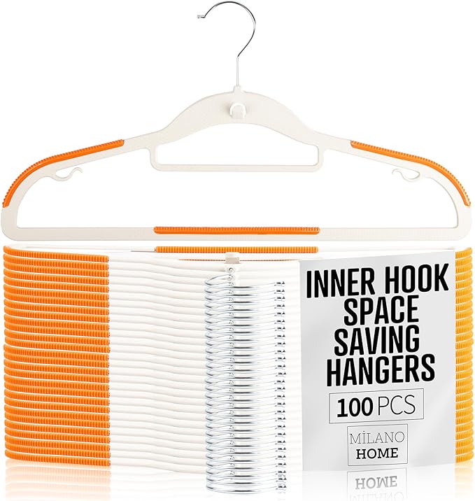 Plastic Hangers 100 Pack, Cascading Slim Space Saving Clothing Hangers with 360° Rotating Hook, Non Slip Clothes Hangers for Sweater Shirt, Heavy Duty Coat Hanger with Inner Hook for Closet, White