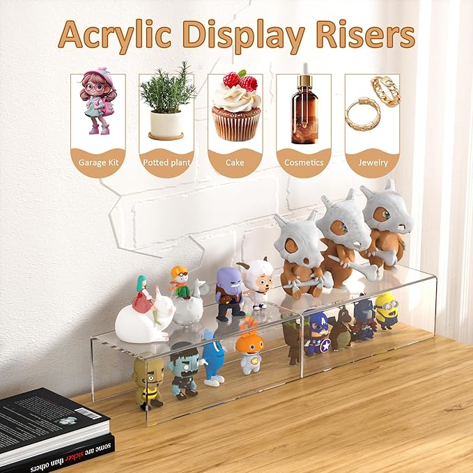 Sezanrpt Acrylic Shelf Riser 12x4.7x3 pack of 2, Desktop Rectangular Acrylic Tray Pedestal Stand for Funko Pop Figure, Bags, 12x4.7x3 Inch