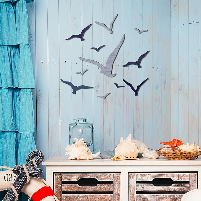 Wesiti 11 Pcs Wooden Seagull Wall Decor Nautical Theme Beach Coastal Art Small Seagull Sea Birds Wall Decor Ocean Adhesive Sculpture Vintage Ornaments for Home Bathroom(Blue)
