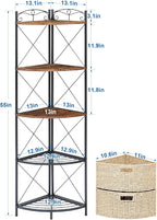VECELO 5 Tier Corner Shelf with 2 Woven Basket, 55" Tall Standing Organizer, Rustic Brown Storage Rack, Narrow Bookshelf Display Shelves Rack for Wall Corner, Living Room, Kitchen, Bedroom, Office