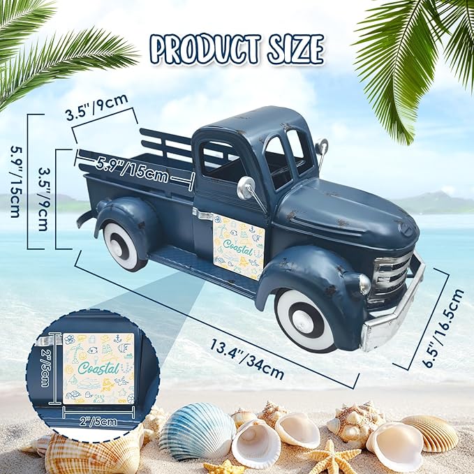 4th of July Decorations 13.4 Inch Farmhouse Vintage Truck with 20 Magnets Sign Interchangeable Seasonal Decor Rustic Metal Pickup Independence Day Patriotic Centerpieces for Home, Dark Blue