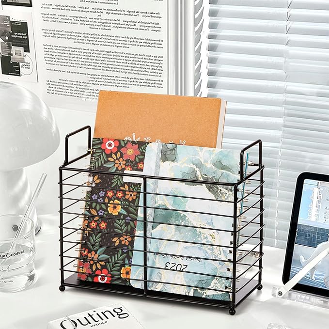 Noamus Metal Magazine Rack, Newspaper Book Tablet Storage Basket, File Holder Mail Organizer Bin with Handles, Iron Wire Black Folder Stand Holder for Home Office Bathroom Bedroom Den Living Room