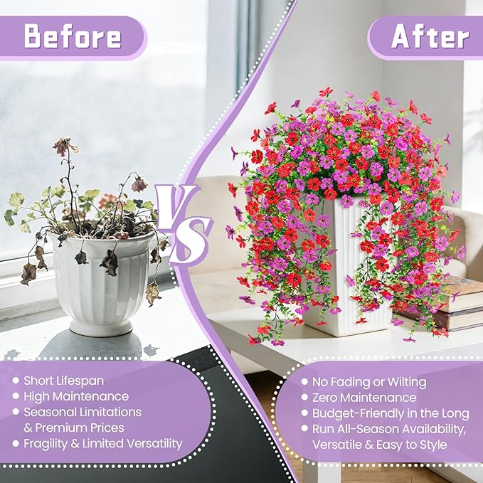 Fake Artificial Hanging Flowers for Outdoor Spring Decor 2PCS Faux Silk Flowers Plants for Outdoor Outside Planter UV Resistant Daisy for Porch Front Door Patio Balcony Yard Décor