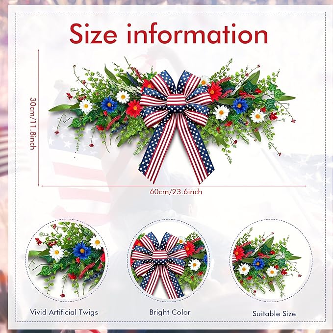 4th of July Patriotic Floral Swag Artificial Red White and Blue Independence Day Front Door Daisy Flowers Twigs Swag Memorial Day 250th Anniversary Veterans Day Decor for Arch Wall Home Door Decor