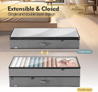 Large Under Bed Storage Containers, 2-Pack Double Layer Underbed Storage Bins with 3 Handles, 70L Extensible/Closed Clothes Storage Organizer with Sturdy Bottom Sidewalls, Grey