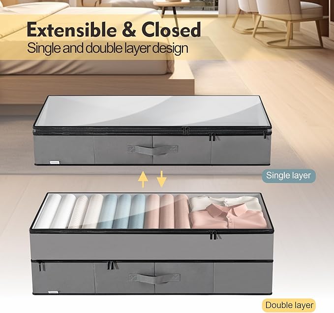 Large Under Bed Storage Containers, 2-Pack Double Layer Underbed Storage Bins with 3 Handles, 70L Extensible/Closed Clothes Storage Organizer with Sturdy Bottom Sidewalls, Grey