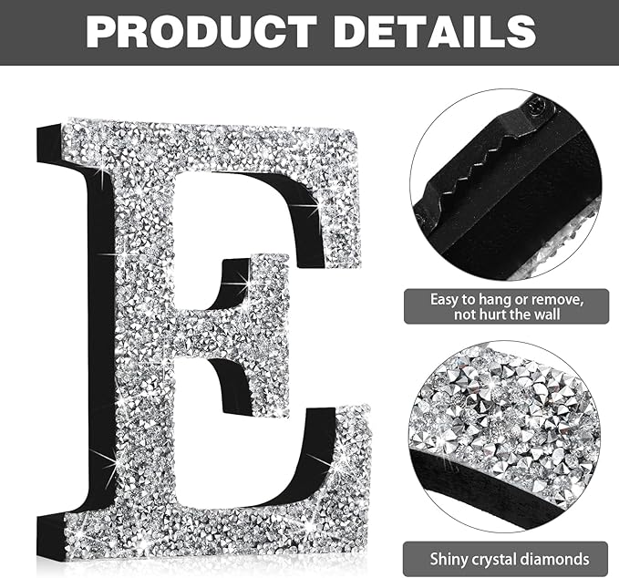 Qunclay 8'' Silver Crystal Diamond Bling Letters Crushed Diamond Decoration Wooden Glitter Letter with Screw and Hooks Rhinestone Gift for Wedding Y2k Mcbling Bedroom Wall Decor (Letter E)