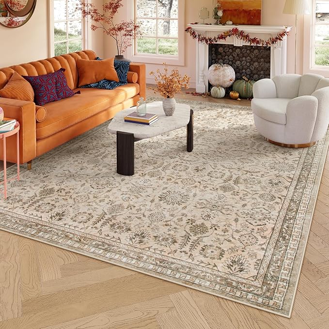 Lahome Boho Beige Fall Rugs for Living Room, Washable Bedroom Area Rug 5x7 Non-Slip, Soft Vintage Stain Resistant Nursery Carpets for Home Decor Non-Shedding, Soft Amber