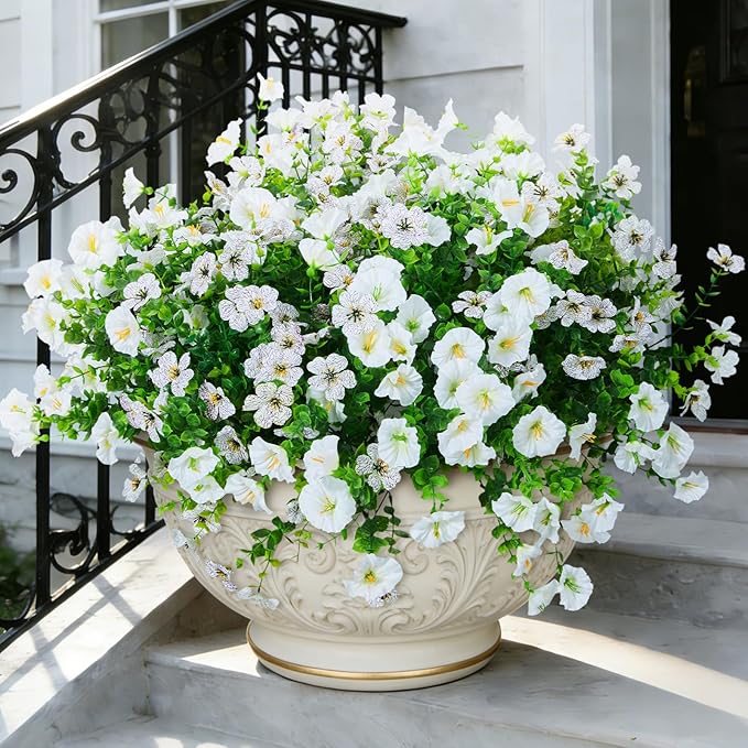 Artificial Flowers for Outdoors Faux Plants Outside Indoor,Realistic UV Resistant Silk Fake Daisy Petunias for Home Patio Garden Back Yard Front Poch Decor Spring Summer(12 Bunches,White)