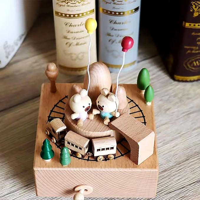 Natural Solid Wood Handcrafted Beech Wooden, Musical FigureTotoro/Carousel/Fairy/Ballerina Figurine,Rotating Hand Crank Mechanism Music Box,Musical Decorations (Little Bear and Train)
