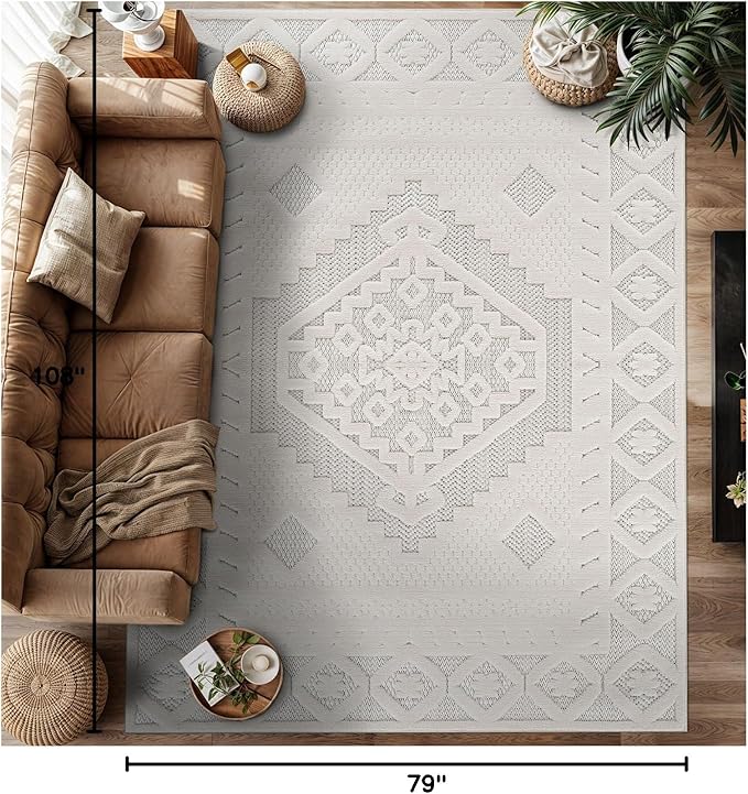 Modern Micro Loop Indoor Area Rugs for Living Room Bedroom Kitchen Geometric Trellis White 6x9 Luxury Durable Low and High Pile Non-Shedding Stain Resistant Soft Area Carpet 6 x 9