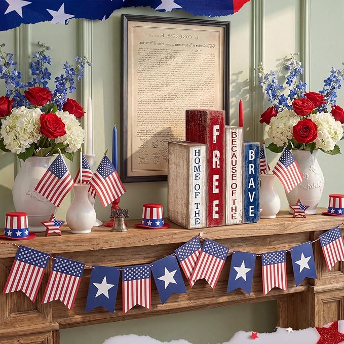 Lineshading 4 Pcs 4th of July Decoration Wooden Book Patriotic Tiered Tray Decor America Decor Red White Blue Memorial Day Centerpiece for 250th Anniversary Independence Day Home Shelf Coffee Bar