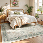 Lessymo Washable Area Rug 9x12 for Living Room, Cream Green Large Rugs for Bedroom Dining Nursery Room, Soft Non-Slip Vintage Floral Oushak Carpet, Boho Tribal Farmhouse Decor