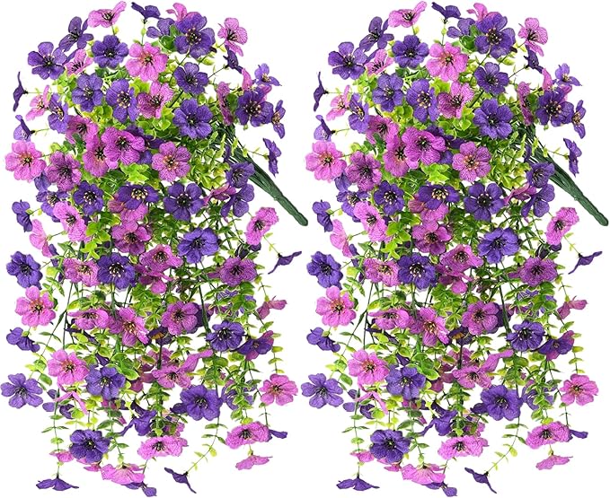 INQCMY 2Pcs Artificial Fake Hanging Flowers for Outdoors UV Resistant Artificial Plants for Spring Summer Decor Look Real Faux Flowers for Outside Home Planter Porch Patio Decor
