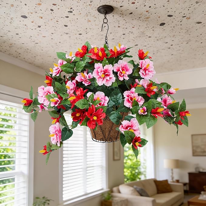Artificial Flowers for Outdoors Indoors,3 Bunches Fake Hibiscus with Hanging Basket Foam Realistic UV Resistant Silk Flower Leaves,Faux Plant for Outside Home Patio Garden Poch Decor(Red,Pink)
