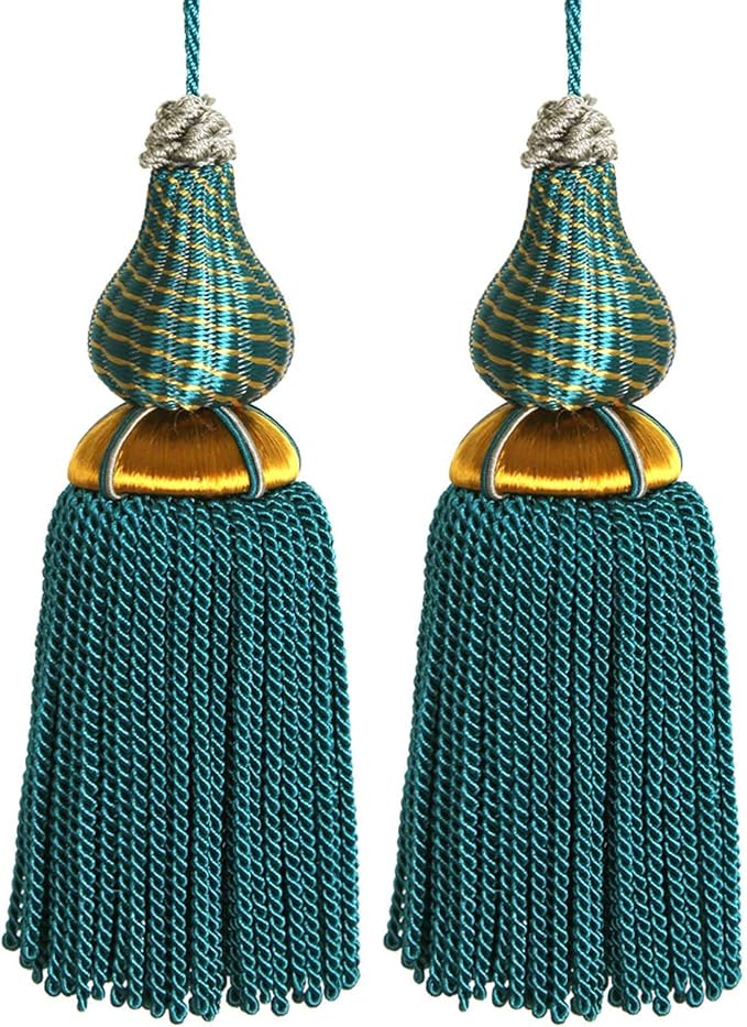 Luxury Tassels for Curtains and Furniture Knobs, 2 Pack - 8.4" Elegant Rayon Decorative Tassel, Silky Tassel Pendant for Cabinet Handles, Home Decor Accents (Peacock Green)